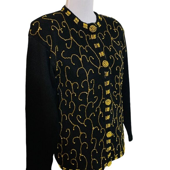 Victoria Harbour Petite PM Black Cardigan Sweater Gold Bead Embroidery Buttons - Picture 2 of 9